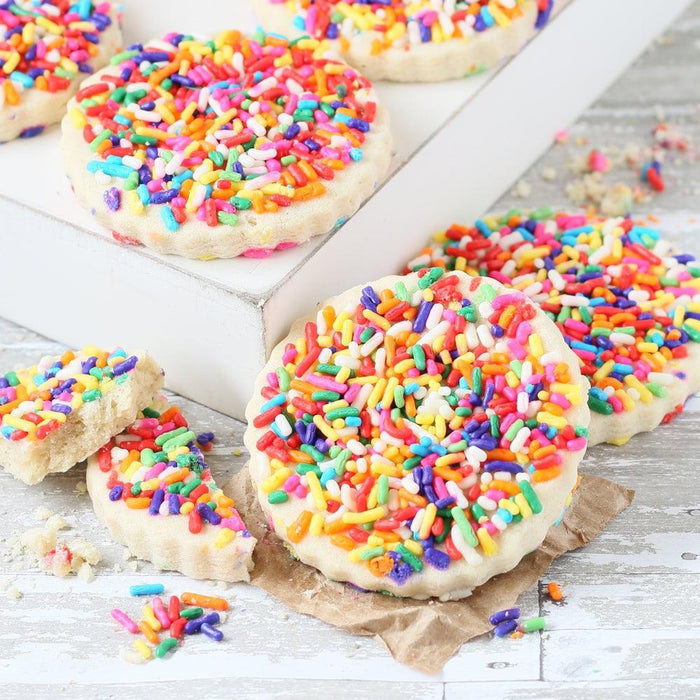 Birthday sprinkle cookies with colorful sugar sprinkles on sugar cookie tops