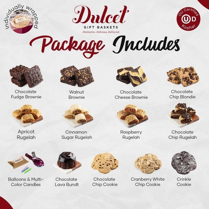 Dulcet gift baskets package includes assorted brownie and rugelach treats