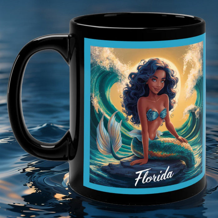 Black 11oz coffee mug with mermaid graphic and Florida text on front