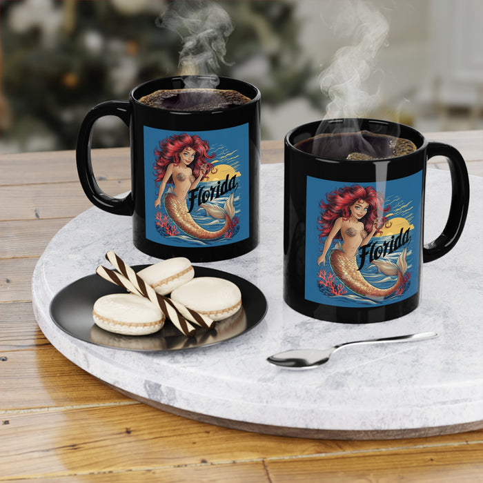 Black coffee mugs with mermaid design and Florida text, one with visible steam