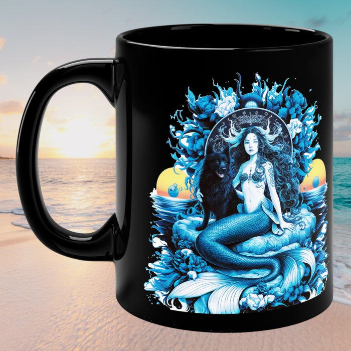 Black 11oz coffee mug with blue mermaid illustration and curved handle