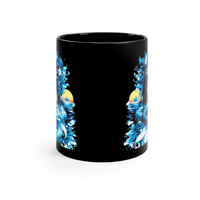 Black 11oz coffee mug back, with blue coral-and-wave artwork along the sides