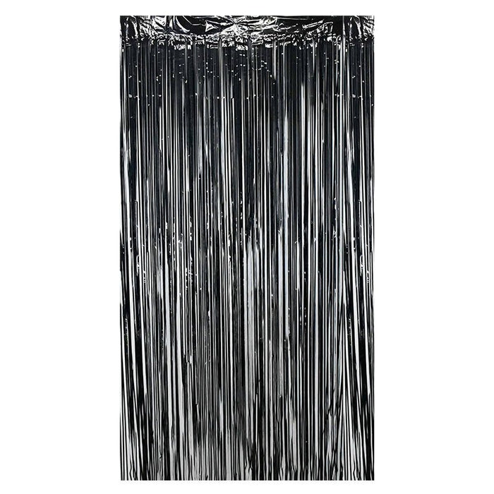 Black metallic fringe curtain panel with vertical hanging strands
