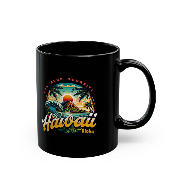 Black ceramic mug with Hawaii Aloha surf graphic and curved handle