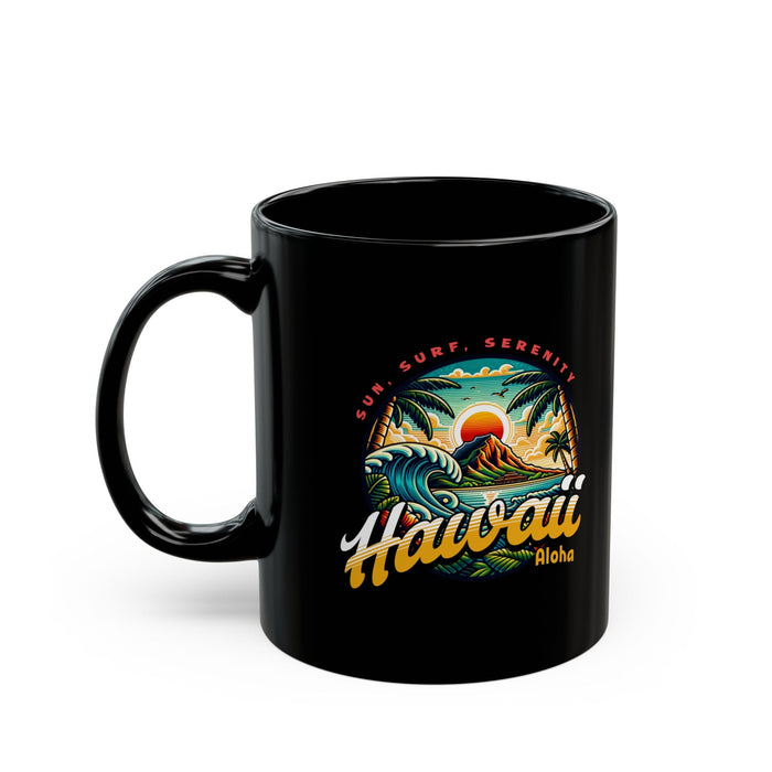Black ceramic mug with Hawaii Aloha surf graphic, handle on left