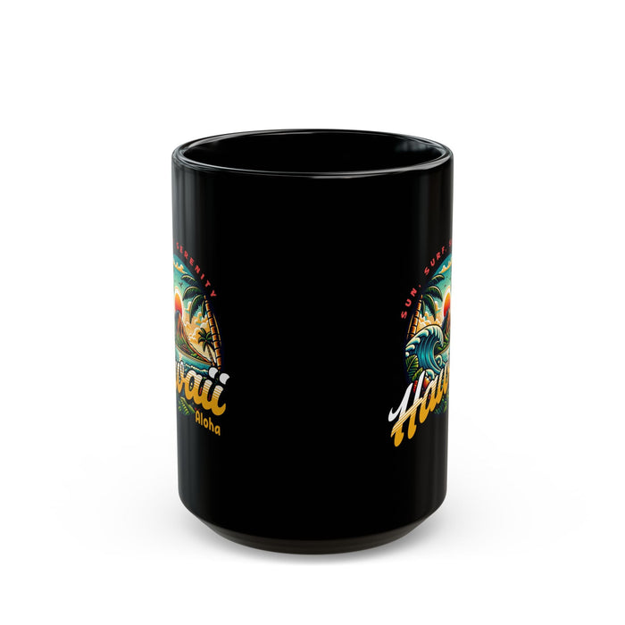Black ceramic mug with partial Hawaii Aloha side print, handle not shown