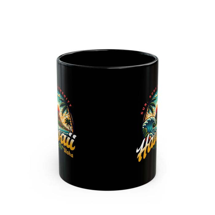 Black ceramic mug with partial Hawaii Aloha side print, handle not shown