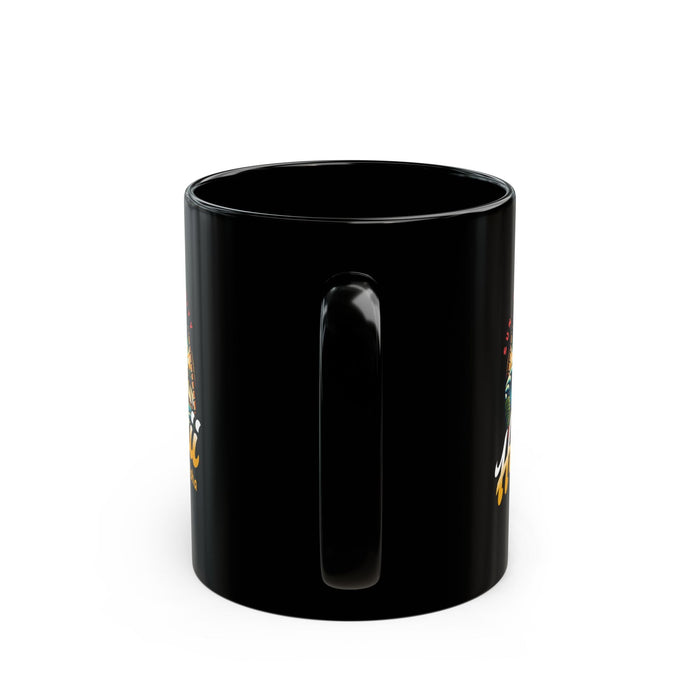Black ceramic mug with vertical handle recess and partial Hawaii print on side