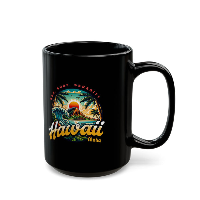 Black ceramic mug with Hawaii Aloha surf graphic and curved handle