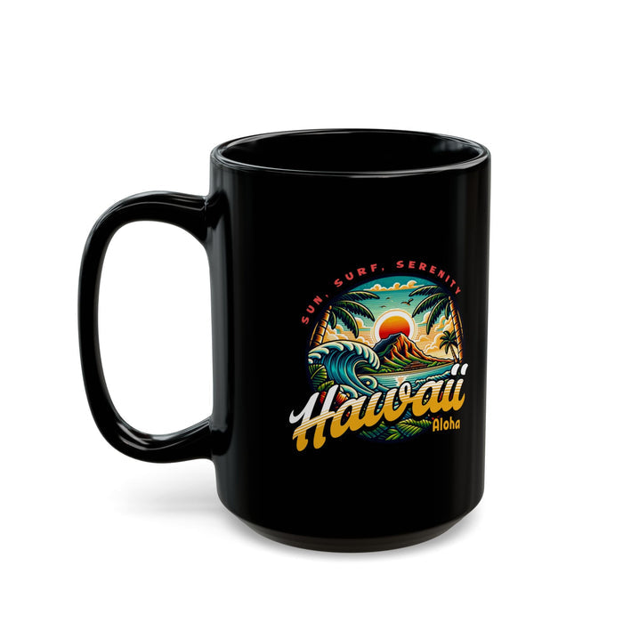Black ceramic mug with Hawaii Aloha surf graphic and curved handle, wider view