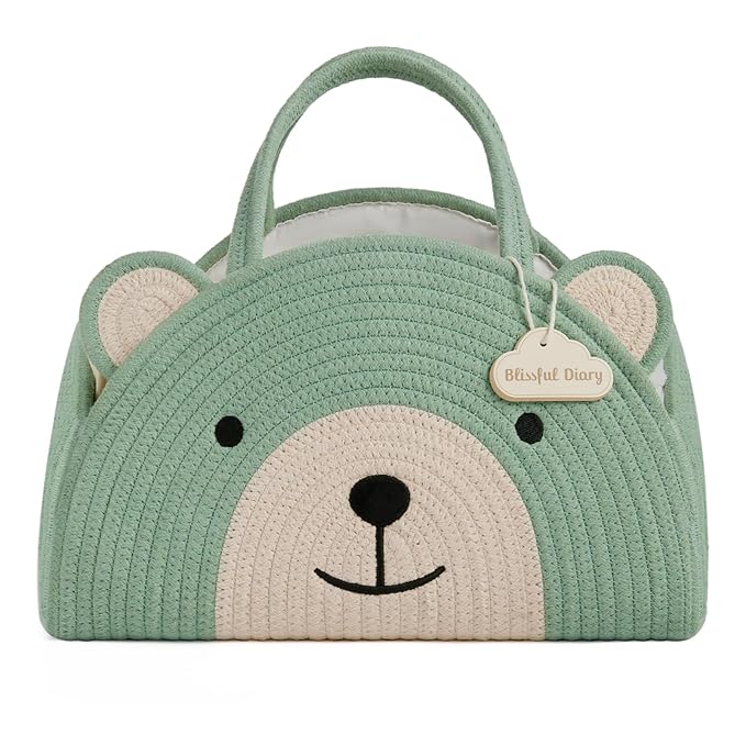 Green crochet bear-shaped diaper caddy basket with rope handles and front face