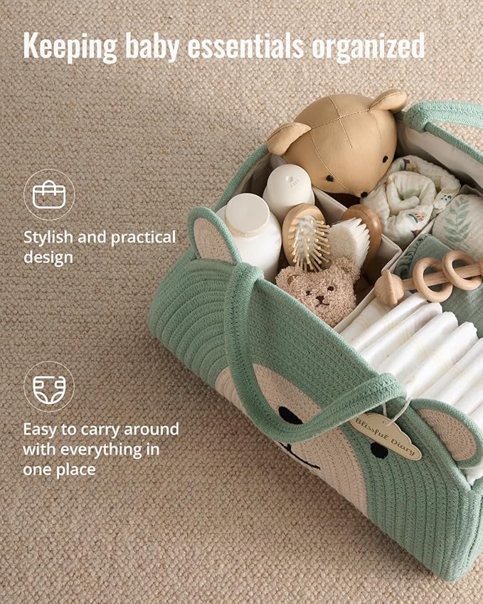 Green bear diaper caddy basket with rope handles, open interior with baby items