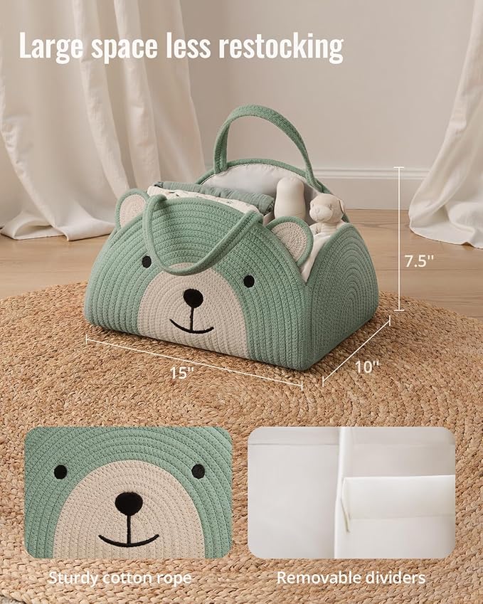 Green large bear diaper caddy basket with rope handles and removable divider insert