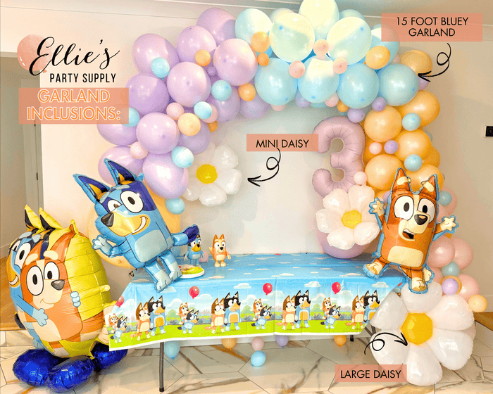 Bluey and Bingo balloon garland arch with pink number 3 and mini daisy accents