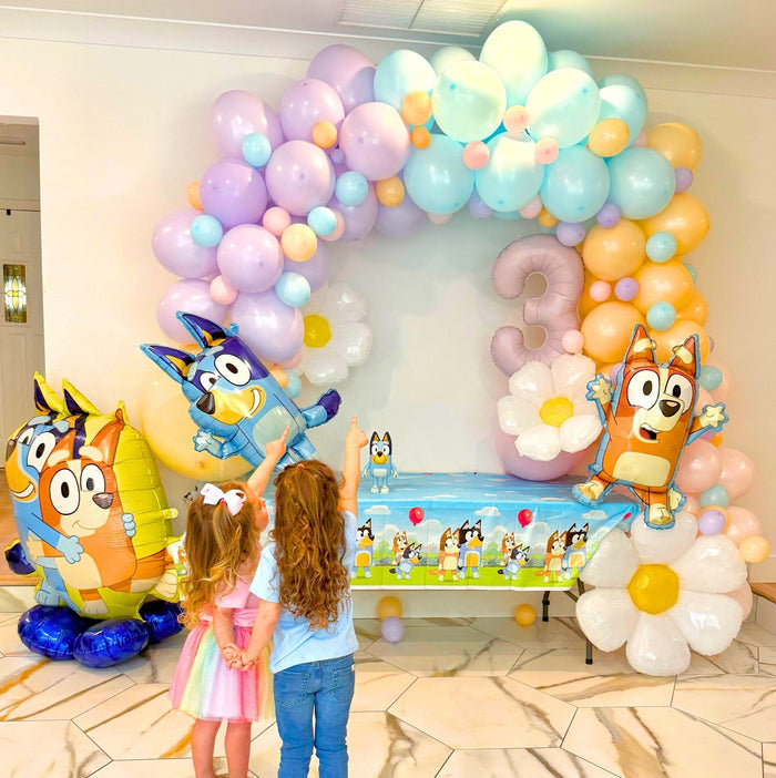 Bluey and Bingo balloon garland arch with pink number 3 centerpiece