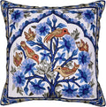 Blue floral tree of life pillow cover with embroidered birds and dark blue border.