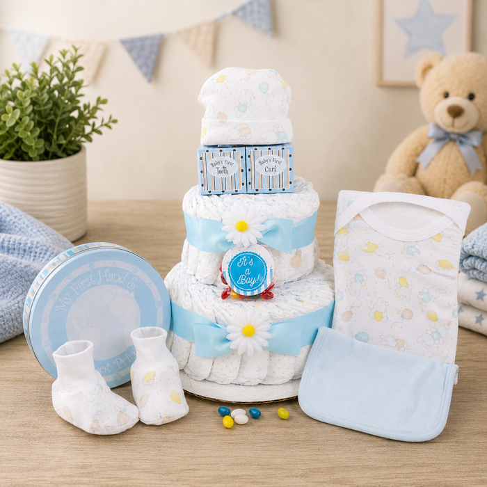 Two-tier diaper cake gift basket with blue ribbon, cap, bib, and baby socks