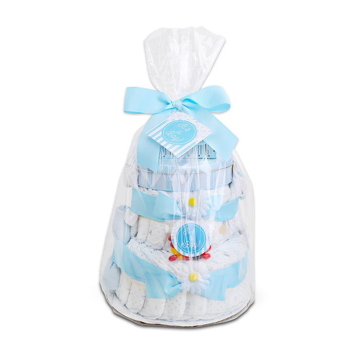 Two-tier diaper cake gift basket wrapped in sheer bag with blue ribbon and bow