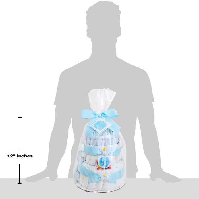 Two-tier diaper cake gift basket, 12-inch height with blue ribbon and bow