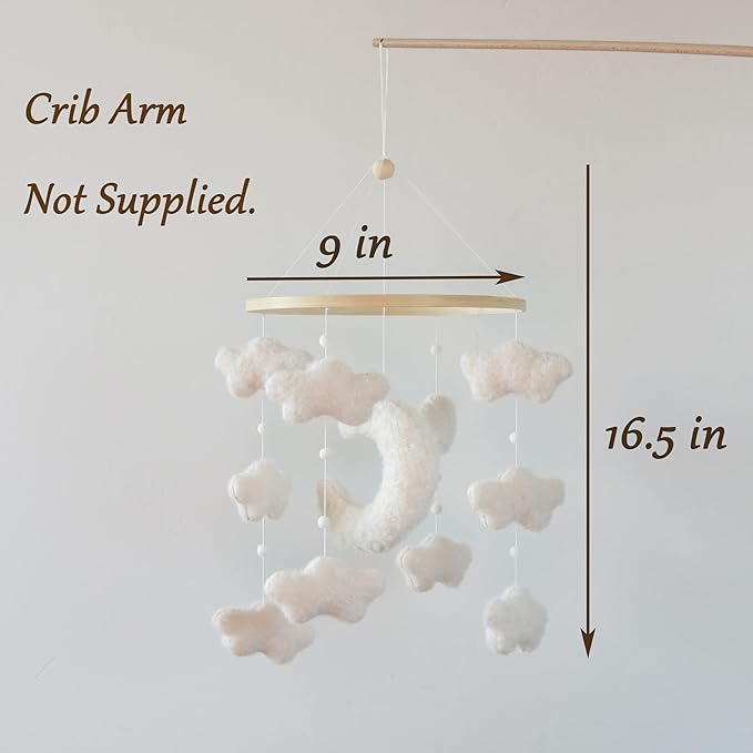 Crib moon mobile with white plush moon, cloud stars, and wooden hanging ring