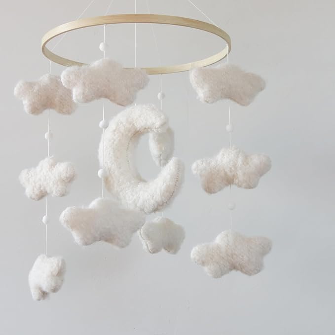 Crib moon mobile with white fluffy moon and cloud charms on bead strings