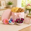 Pink round gift basket with bow, cookies, chocolates, candies, Hello Spring card