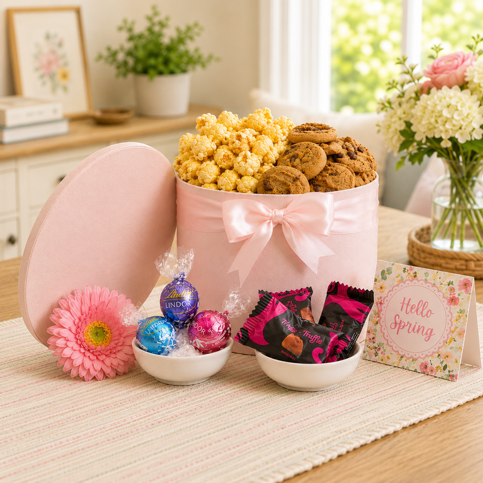 Pink round gift basket with bow, cookies, chocolates, candies, Hello Spring card