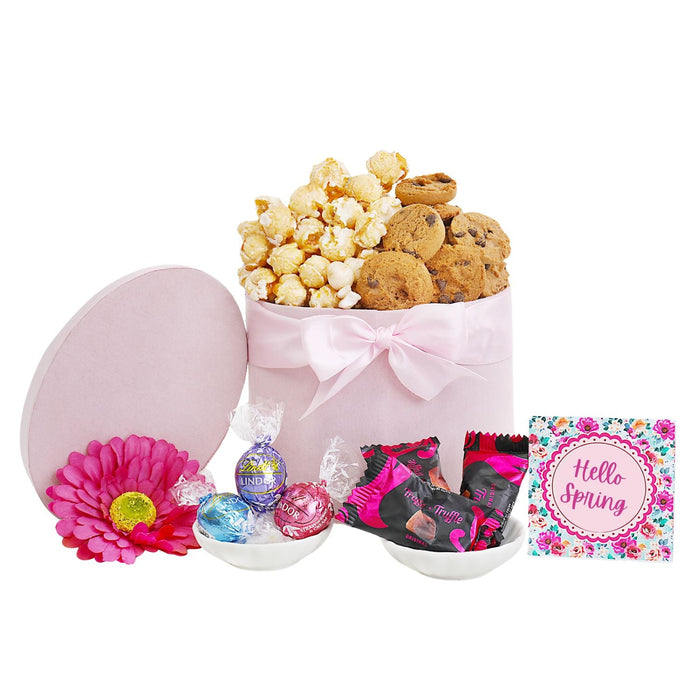 Pink round gift basket with bow, cookies and chocolates, candies, Hello Spring card
