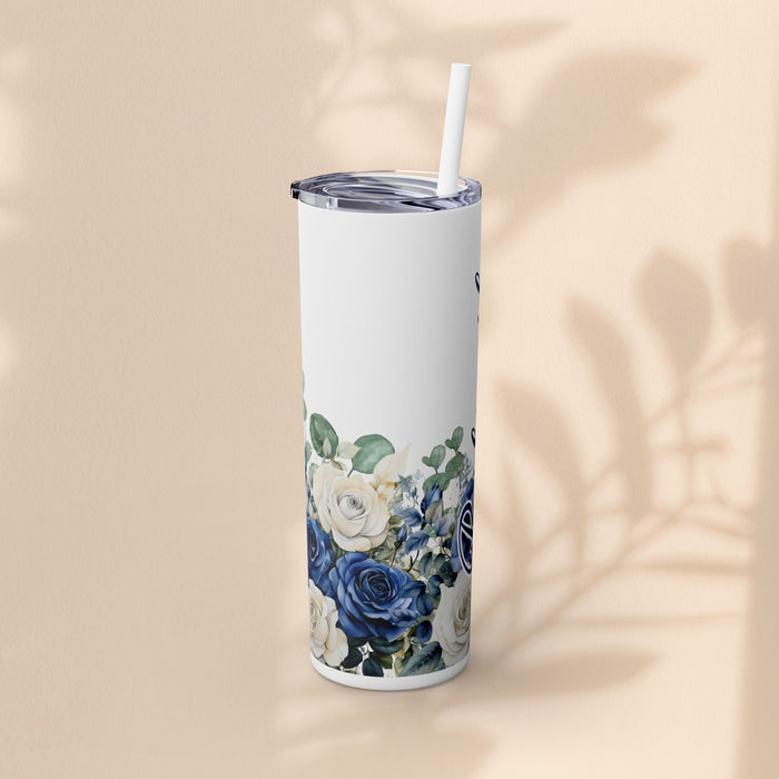 20oz skinny tumbler with blue and white rose floral design, white straw and lid