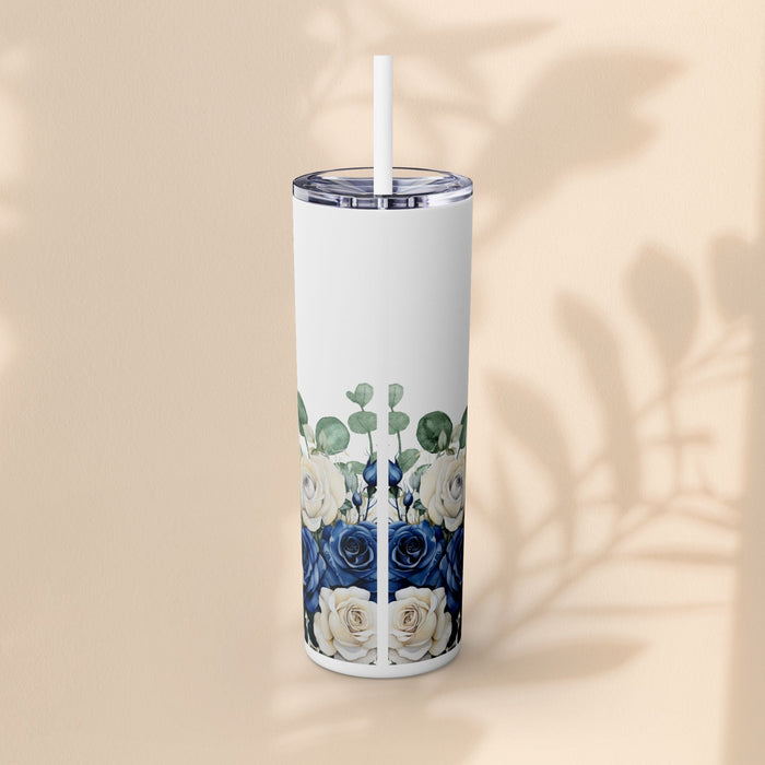 20oz skinny tumbler featuring eucalyptus leaves and blue/white roses, white lid straw