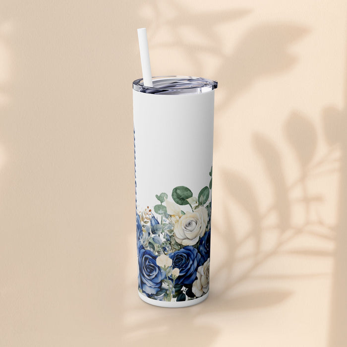 20oz skinny tumbler with blue rose, white rose, and green leaf floral print, white straw