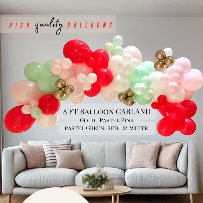 Pastel balloon garland set with red, white, gold, and mint balloons