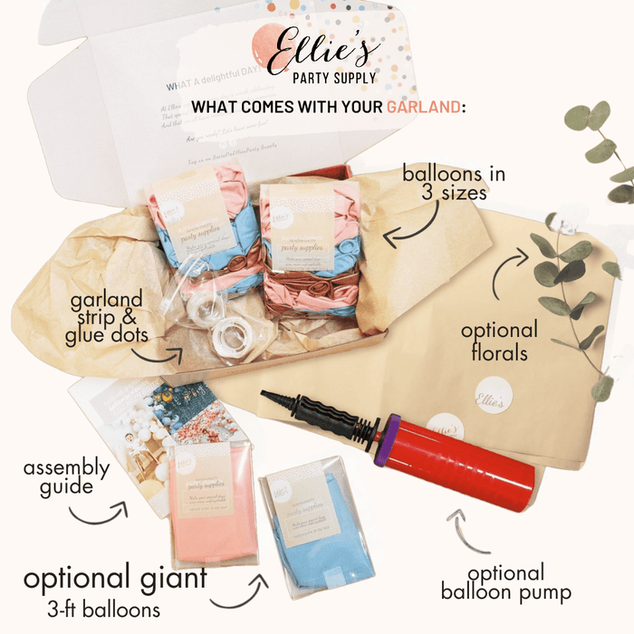 Balloon garland kit contents in packaging with garland strip, glue dots, and guide