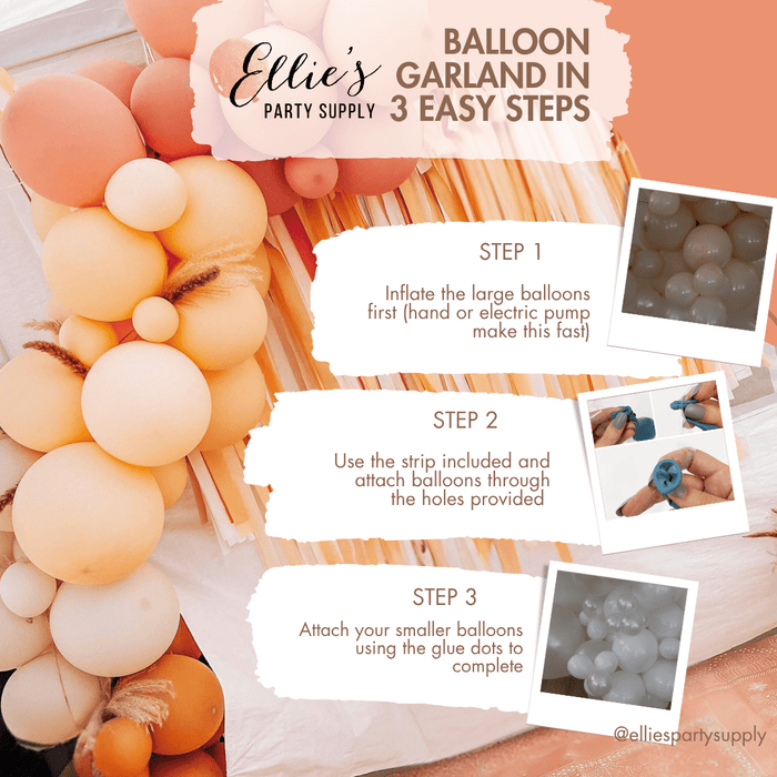 Balloon garland in three steps with strip, attached balloons, and included tools