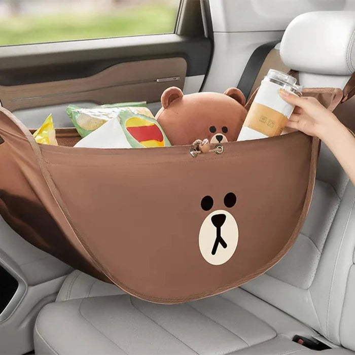 Brown car seat storage bag with bear logo on front, open top and handles