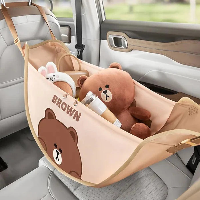 Car seat organizer bag in light brown fabric with bear print and bottle holder