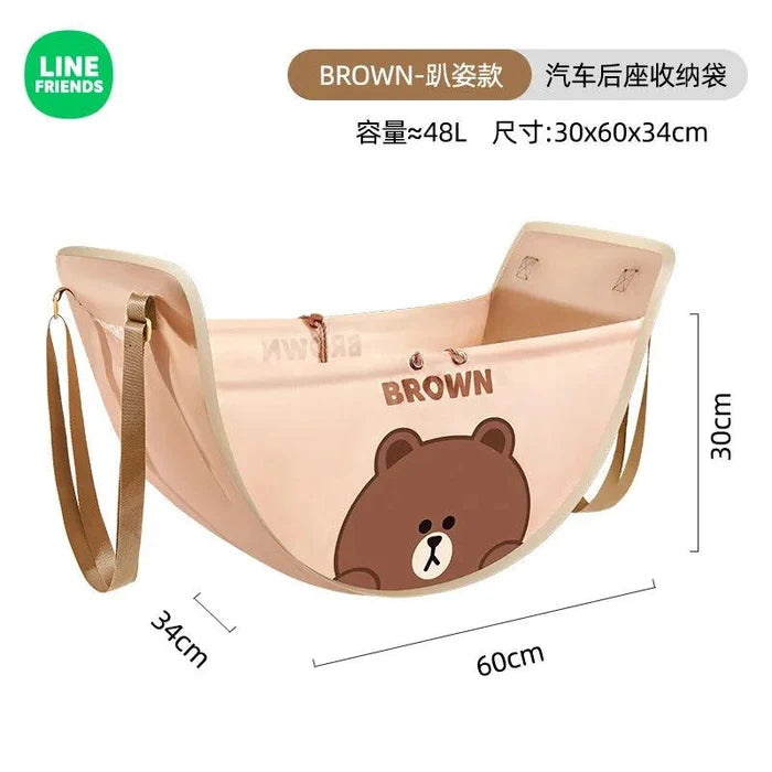 Light brown car seat storage bag with bear graphic, strap handles, and size outline