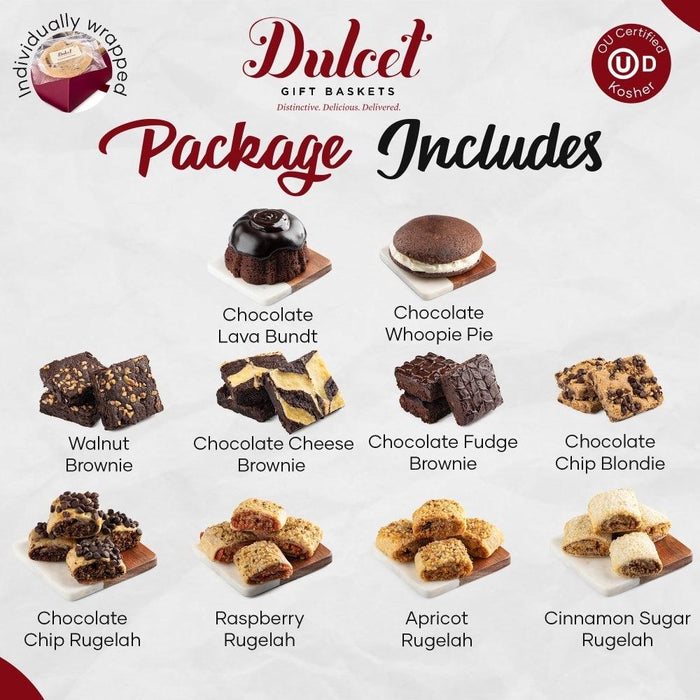 Assorted brownie and dessert bites arranged on a product package include layout