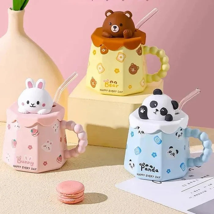 Animal mug set: Bunny, Bear & Panda mugs with clear straw, 400ml capacity