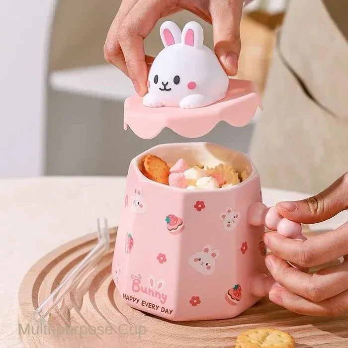 Pink Bunny mug with 3D bunny head lid and clear straw, 400ml