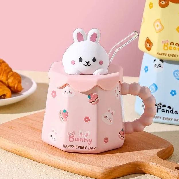 Pink Bunny mug with 3D bunny head lid and clear straw