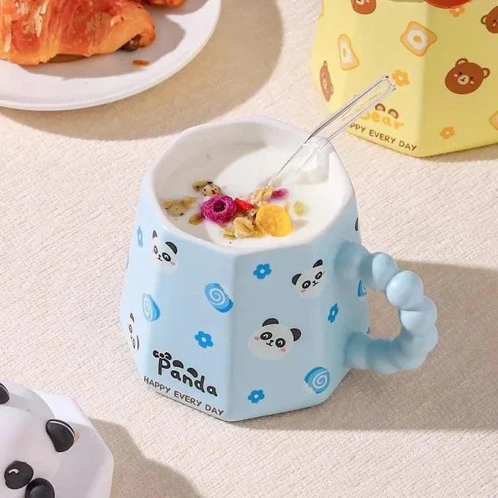 Blue Panda mug with 3D panda head lid and clear straw, 400ml