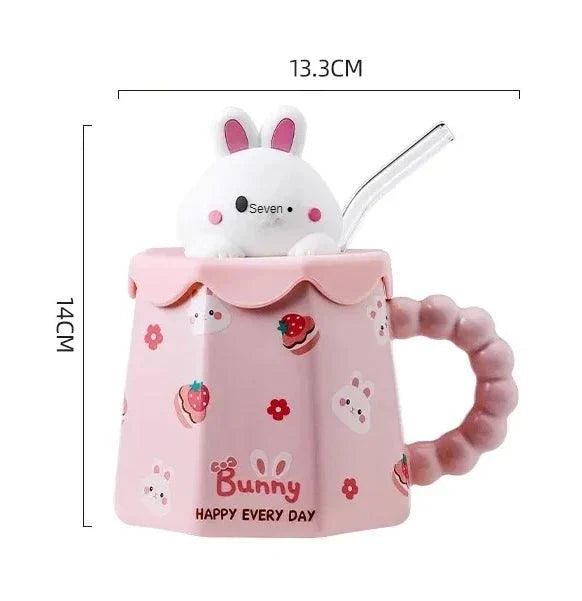 Bunny mug size 13.3×14cm, with 3D lid and clear straw, 400ml