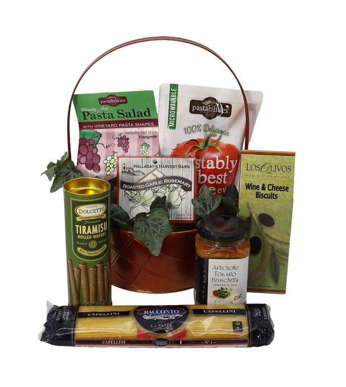 Italian gift basket with pasta salad, tiramisu, biscuits, and assorted Italian pantry items