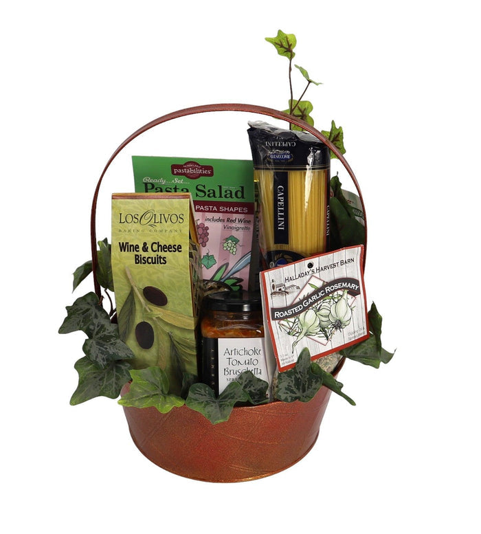 Italian gift basket with pasta salad, wine & cheese biscuits, olives, and roasted garlic