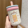 Butter Bear thermos cup with light blue lid, clear straw, white body with bear illustration