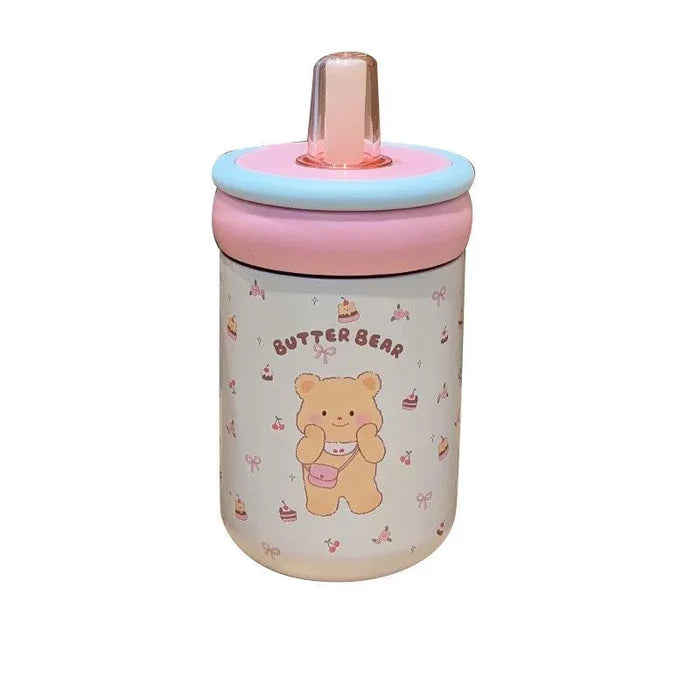 Butter Bear thermos cup with pink lid and light blue rim, clear straw, white bear print