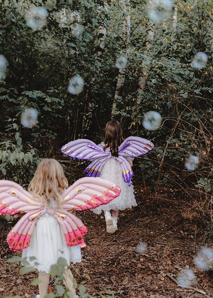 Purple butterfly wings wearable balloon costume with padded fabric body and ribbon ties