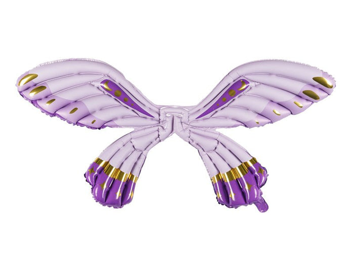 Purple butterfly wings wearable balloon costume with yellow accents and attached ribbon ends