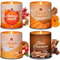 4-pack fall scented soy candles set in labeled tins: Autumn wreath, Spiced pumpkin, Apple pie, Clove cinnamon